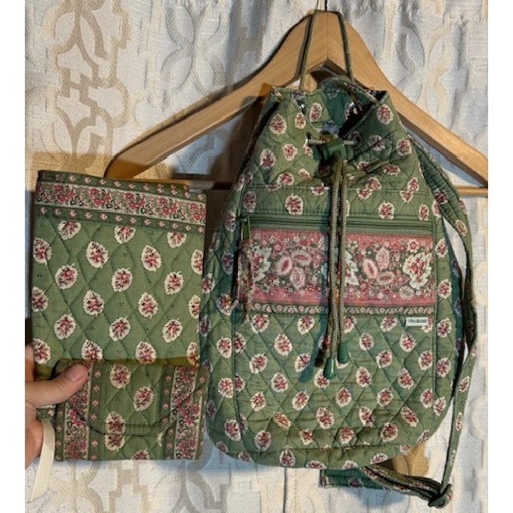 Vera Bradley Vintage Backpack, Wallet, credit card holder SET_Leaf Green Pattern